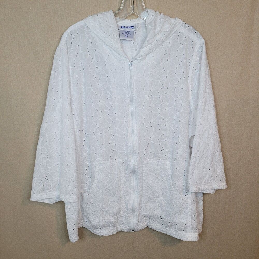 Blair White Eyelet Top Womens 2XL Zip Up Hoodie Pockets Beachy Cottagecore Boho